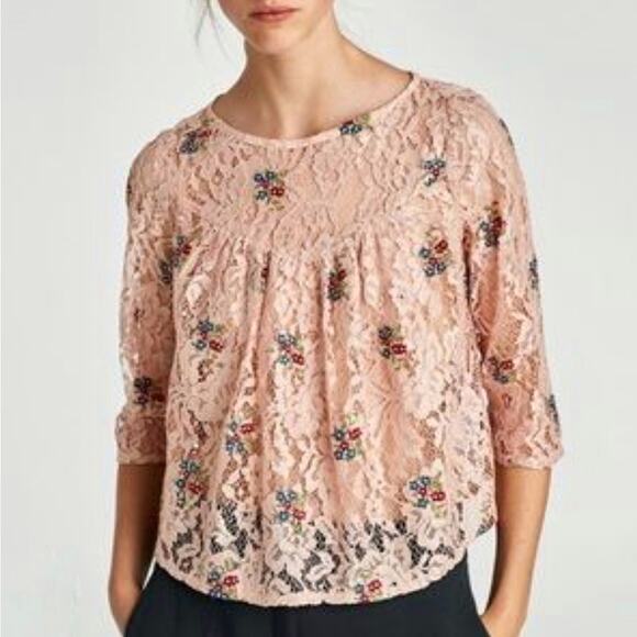 Zara Women's Rose Gold Dusty Pink Floral Lace Embroidered Cropped Blouse Medium - Picture 1 of 7
